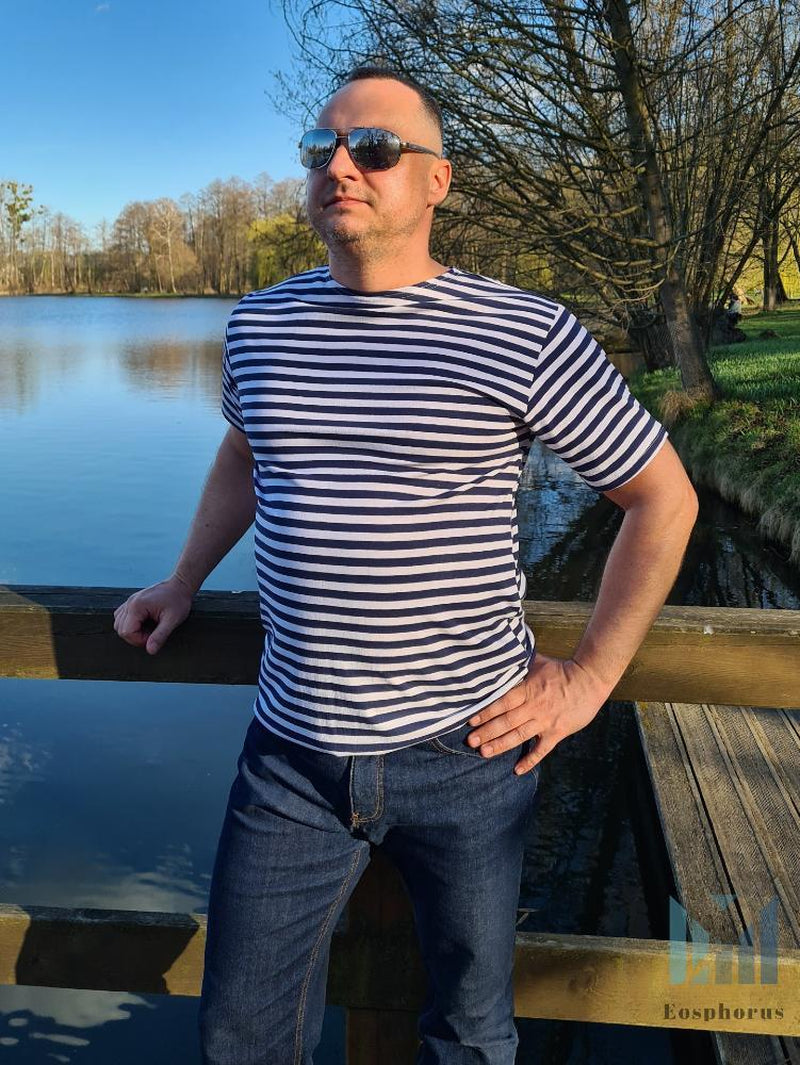 Dark Blue Sailor Tshirt Striped Short Sleeved Telnyashka Тельняшка (L)